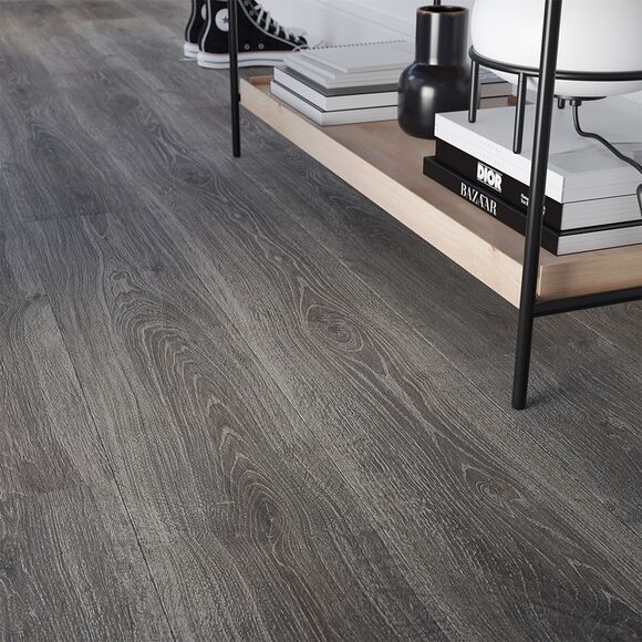 Laminate Flooring Plank - 1261mm x 192mm x 12mm Dark Grey - Pack of 6